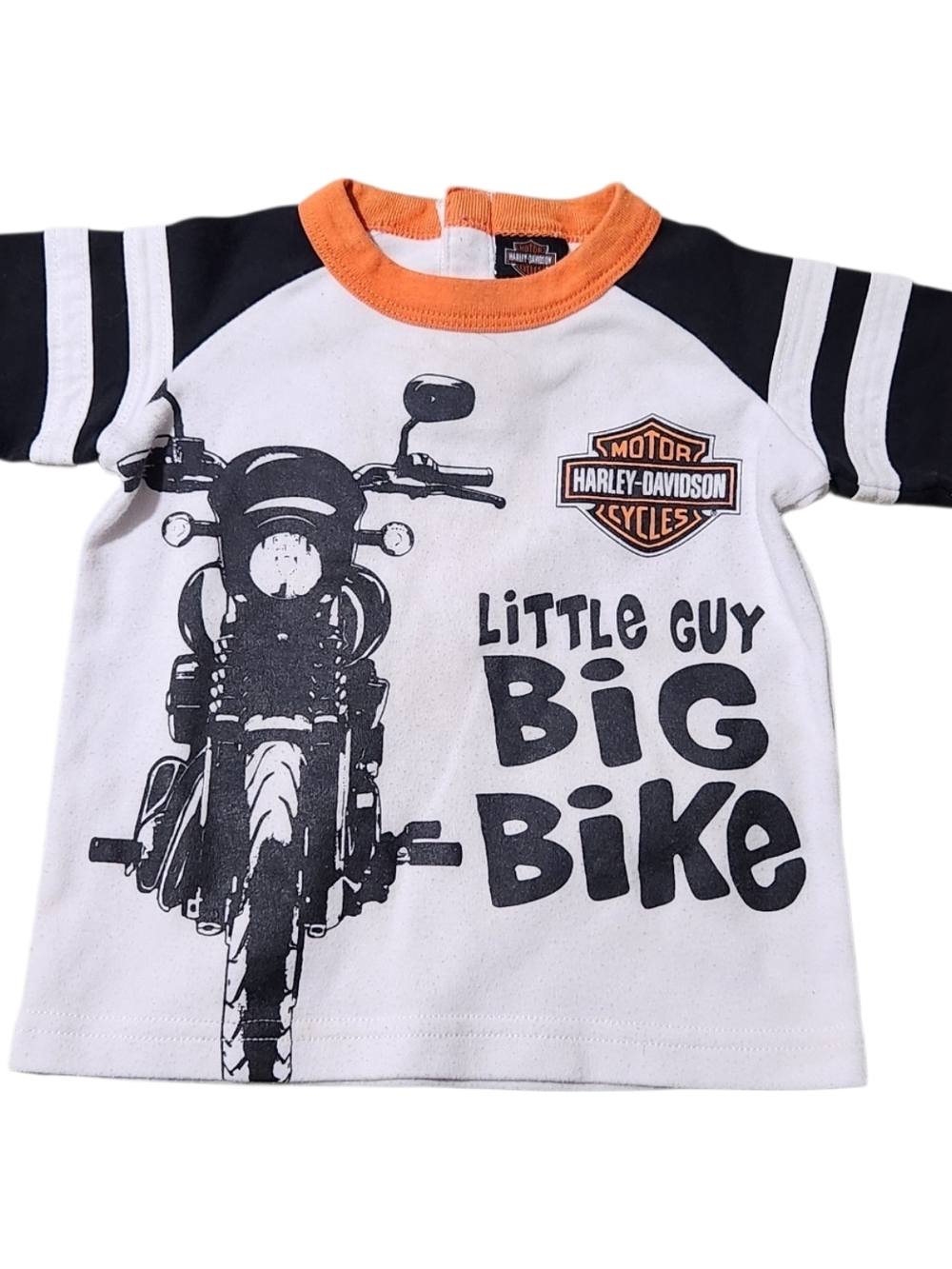 Harley-Davidson White Tee with Black Graphics and Orange Neck Trim